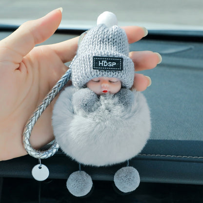 Exquisite Real Fur Sleeping Doll Car Keychain – Plush and Stylish Accessory for Fashion-Forward Drivers