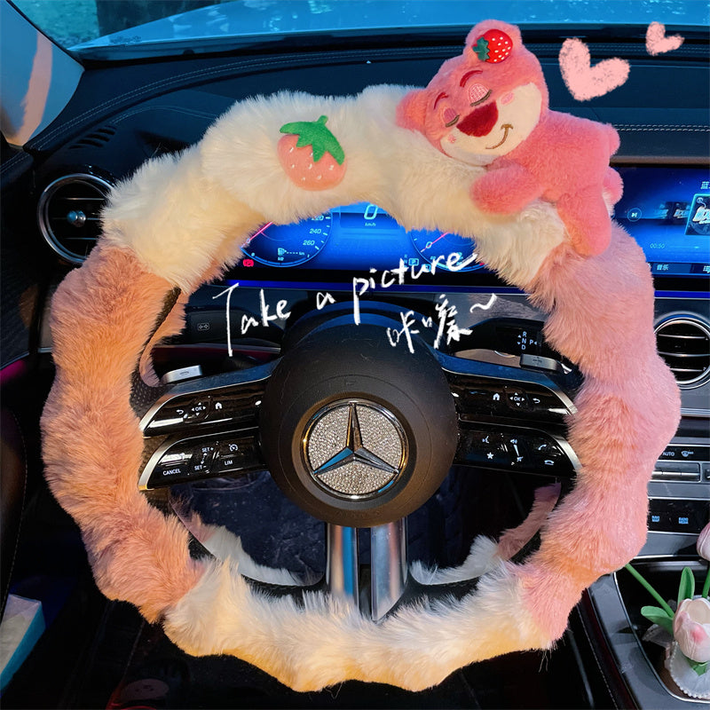 Winter Strawberry Bear Steering Wheel Cover – Cute, Cozy, &amp; High-End Design for 2025