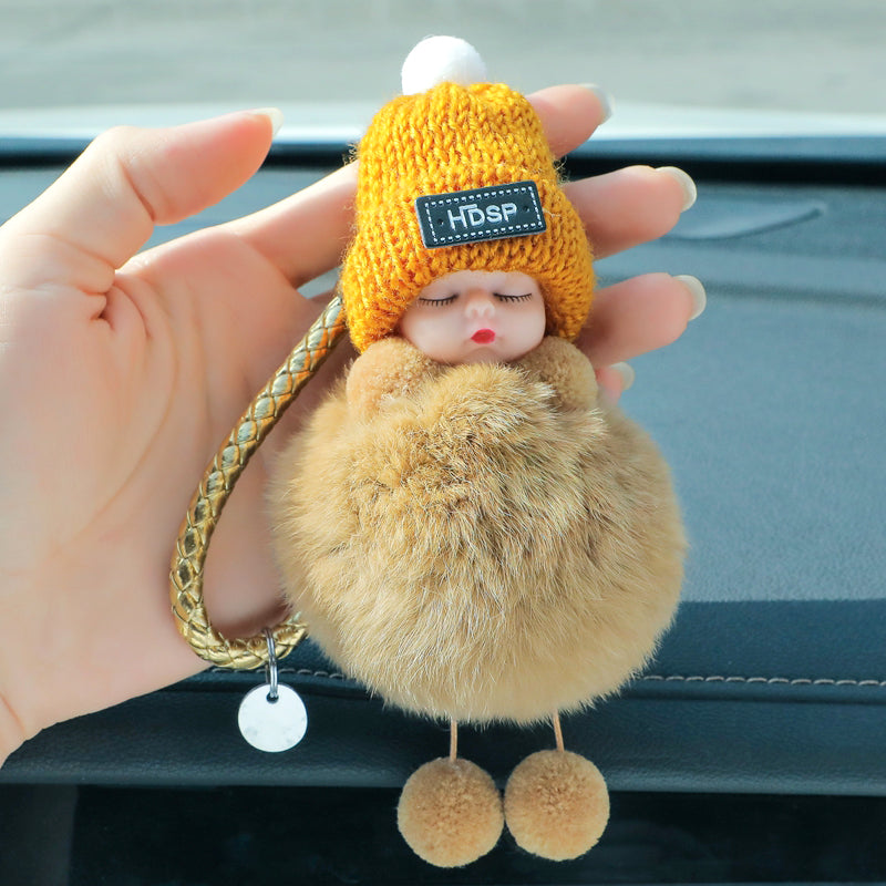 Exquisite Real Fur Sleeping Doll Car Keychain – Plush and Stylish Accessory for Fashion-Forward Drivers