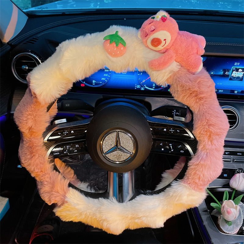 Winter Strawberry Bear Steering Wheel Cover – Cute, Cozy, &amp; High-End Design for 2025