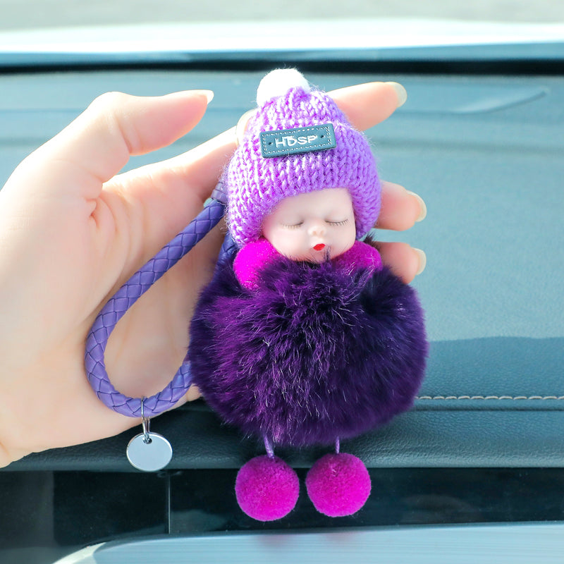 Exquisite Real Fur Sleeping Doll Car Keychain – Plush and Stylish Accessory for Fashion-Forward Drivers