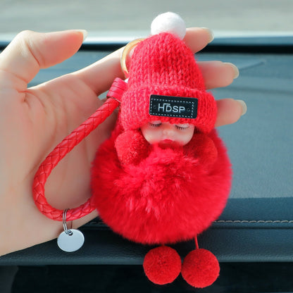 Exquisite Real Fur Sleeping Doll Car Keychain – Plush and Stylish Accessory for Fashion-Forward Drivers