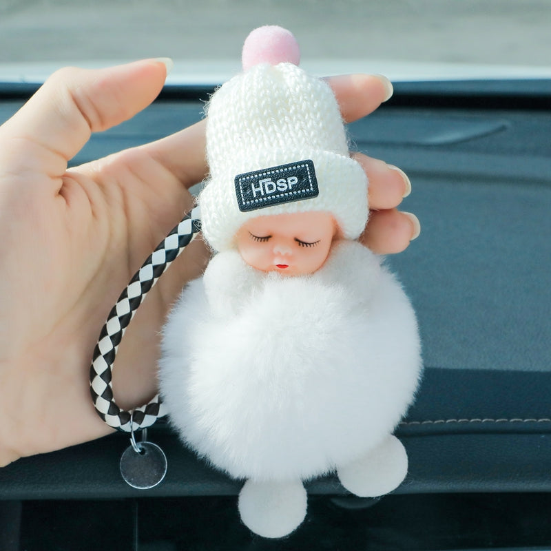 Exquisite Real Fur Sleeping Doll Car Keychain – Plush and Stylish Accessory for Fashion-Forward Drivers