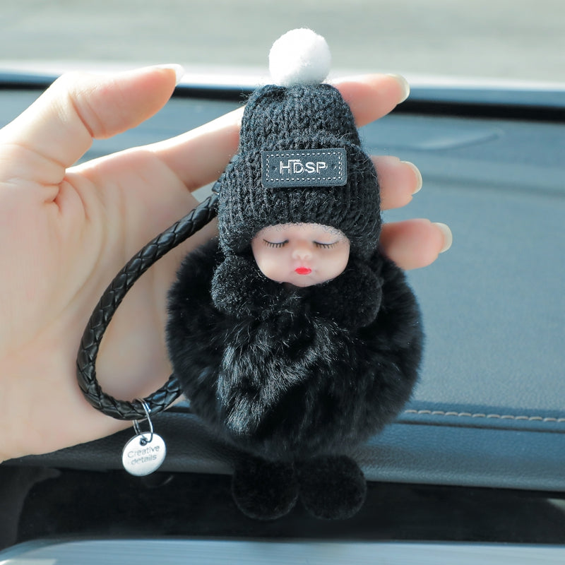 Exquisite Real Fur Sleeping Doll Car Keychain – Plush and Stylish Accessory for Fashion-Forward Drivers