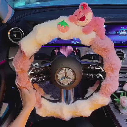 Winter Strawberry Bear Steering Wheel Cover – Cute, Cozy, &amp; High-End Design for 2025